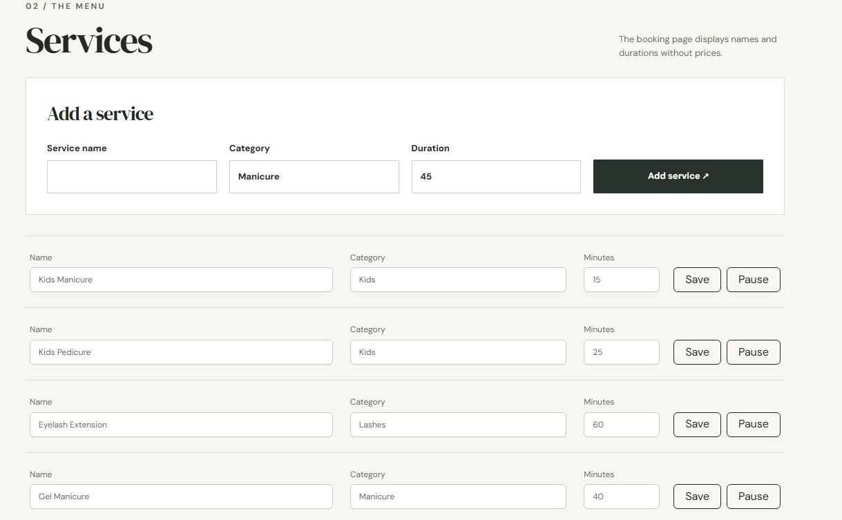 Administrative service editor with category, duration, save, and pause controls